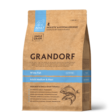 Grandorf Dog White Fish Adult Medium & Maxi Breeds- Грандорф сухий комплексний корм для дорослих собак середніх та великих порід з рибою, 1 кг (2 шт) + Poo Bags одноразові пакетики без запаху 120 шт