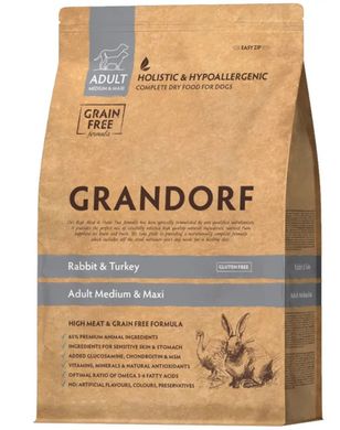 Grandorf Dog Rabbit & Turkey Adult Medium & Maxi Breeds - Грандорф сухий комплексний корм для дорослих собак середніх та великих порід з кроликом та індичкою 1 кг + MAVSY - Гіпоалергення плетінка зі шкіри дикого лосося для собак, 100 г