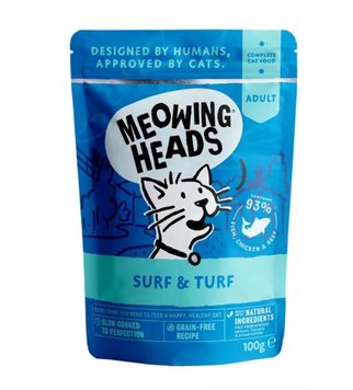 Пауч для дорослих котів Meowing Heads SUPPURR SURF & TURF з сардинами, тунцем, куркою та яловичиною, 100 г