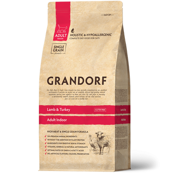 Сухой корм для взрослых кошек Grandorf LAMB & TURKEY ADULT INDOOR ягненок с индейкой, 2 кг + Лакомые хлопья для кошек Mavsy TUNA flakes & CATNIP с тунца и кошачьей мятой, 50 г в подарок