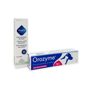 Гель для собак і котів Orozyme для боротьби з проблемами зубів і ясен, 70 г + Спрей для догляду за ротовою порожниною собак Plaqtiv+ Oral Care Oral Spray, 60 мл