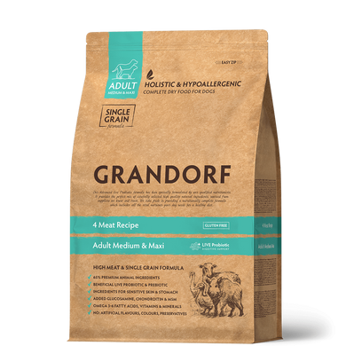 Grandorf 4 Meat Recipe Adult Medium & Maxi Breeds - Грандорф сухий комплексний корм для дорослих собак середніх та великих порід 4 види м'яса та бурим рисом