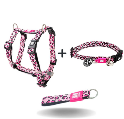 H-Harness - Leopard Pink M + Short Leash Leopard Pink M + Key Ring Leopard Pink/Tag