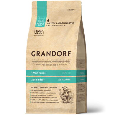 Grandorf CAT 4 MEAT & RICE INDOOR - Грандорф Cухий комплексний корм 4 вида м'яса з пробіотиками для дорослих котів 2 кг