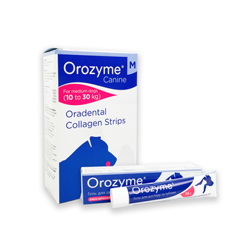 Гель для собак і котів Orozyme для боротьби з проблемами зубів та ясен, 70 г + Жувальні смужки для собак Orozyme для гігієни ротової порожнини, розмір M