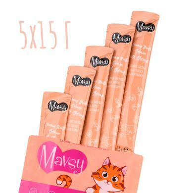 Лакомство кремовое для кошек Mavsy CREAMY LICKABLE TREATS SALMON WITH SHRIMP с филе лосося и креветками, 15 г (5 шт)