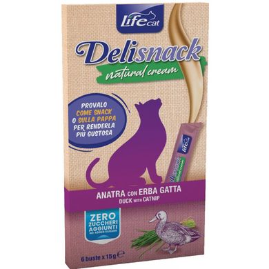 LifeCat Deli Snack Natural Cream - Лакомства крем-снек на основе мяса утки и кошачьей мяты, 6 штук по 15 г