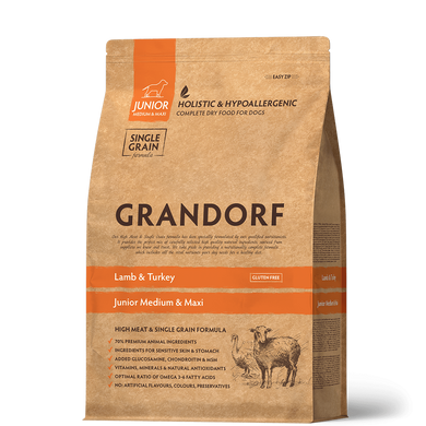 Grandorf DOG JUNIOR MEDIUM & MAXI Lamb & Turkey - Грандорф Сухой корм с ягненком и индейкой для щенков мелких и средних пород от 4 мес 10 кг (поврежденная упаковка)