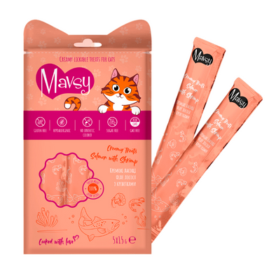 Ласощі кремові для котів Mavsy Creamy treats SALMON & SHRIMP з філе лосося та креветками, 15 г (5 шт)