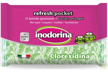 Салфетки влажные для собак и кошек дезинфицирующие Inodorina Refresh Clorexidina с хлоргексидиномм, 15 шт